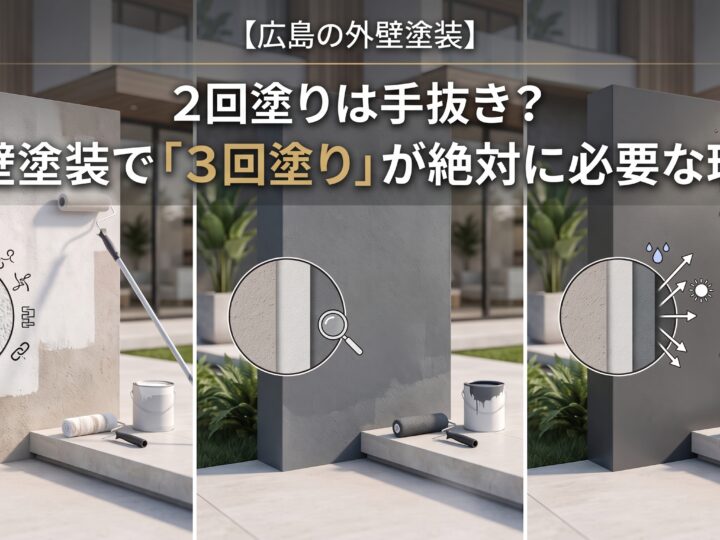 この画像に 2回塗りは手抜き?外壁塗装で「3回塗り」が絶対に必要な理由【広島の外壁塗装】